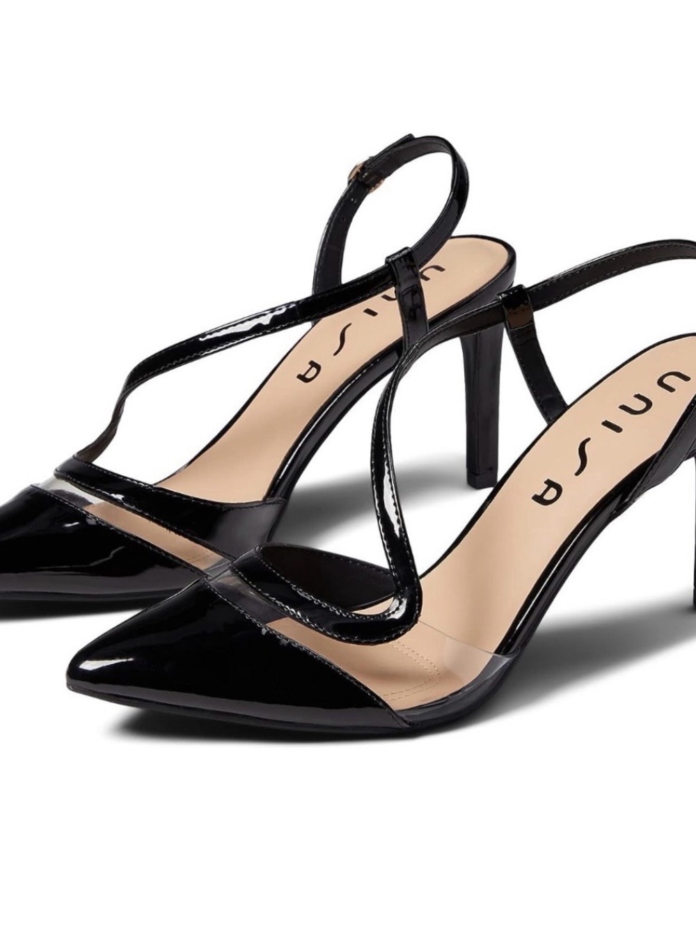 UNISA US 7.5 Pointed Toe Black Patent Slingback Kitten Heels